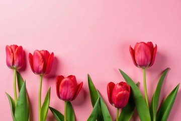 Obraz premium Pink background, blooming tulips, ample space, website, pastel