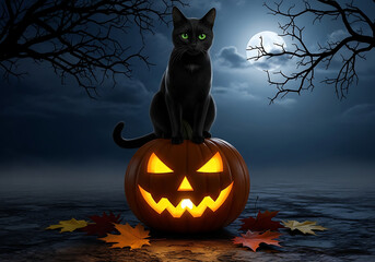 Black cat sitting on a glowing jack-o'-lantern under a full moon