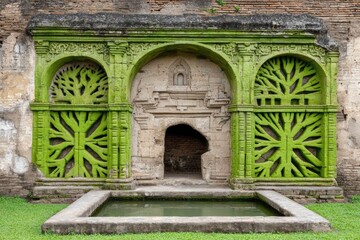 Ornate green facade with arched openings and a recessed doorway over a pool