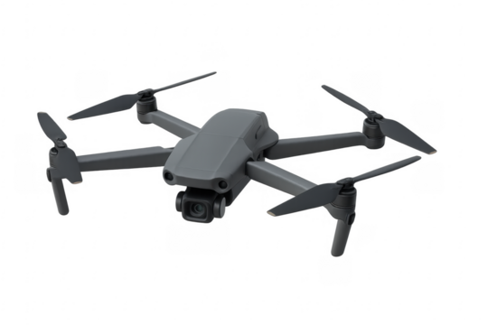 Modern grey quadcopter drone hovering with transparent background