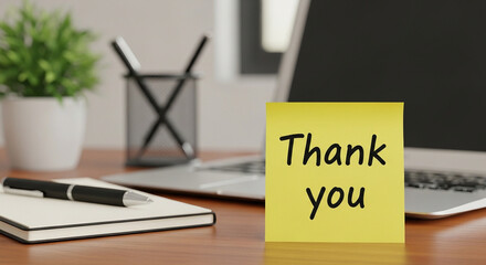 Thank you note on a desk with a laptop plant pen holder and notebook in a bright office setting