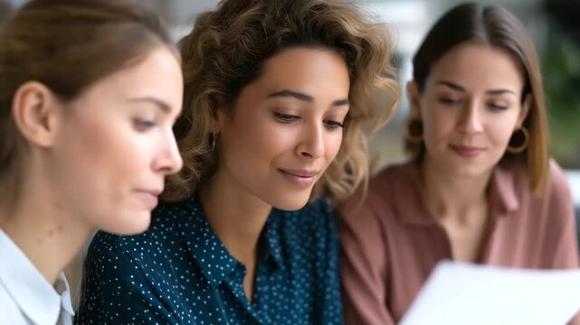 A diverse group of professional women in a business discussion, brainstorming innovative ideas and creative solutions. This teamwork, showcasing strong team dynamics and collaboration skills