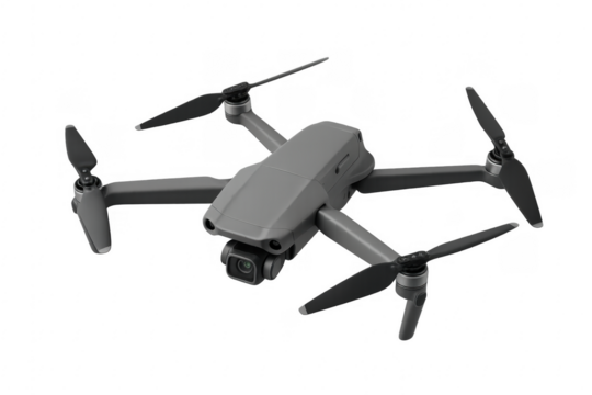 Modern gray drone hovering with transparent background