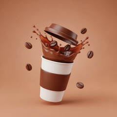 Floating Coffee Cup Splash Dynamic 3D Render with Coffee Beans