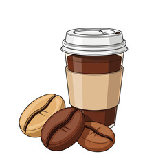 Vector Takeaway Coffee Cup and Three Coffee Beans Vector Illustration