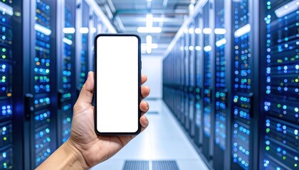 An IT engineer uses a mobile phone with a mockup screen for server management in a data center. This represents remote network and system technology.