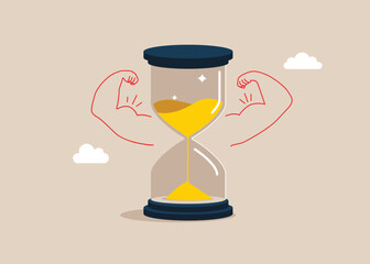 Dreamer Superhero stands on hourglass. Time management. Analyzing optimization, monitoring, task management, work planning, productivity. Modern vector illustration in flat style