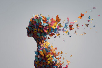 Vibrant surreal digital painting of a human figure dissolving into colorful butterflies, symbolizing transformation, freedom, and mental healing, personal growth,mindfullness