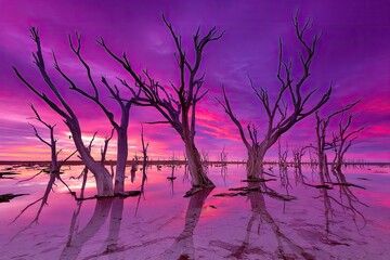 Dead trees at dawn, vibrant pink sunset