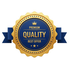 Logo Vector Illustration Premium Quality and Best Offer Badge with a Golden Crown and Blue Ribbon