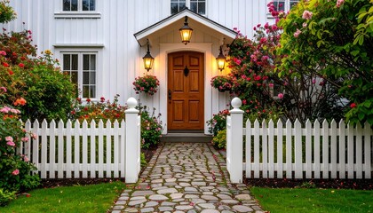Charming Home Entrance with Wooden Door, Stone Path, and Blooming Roses