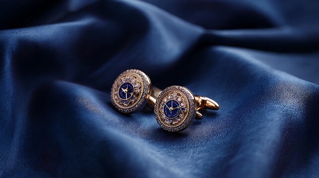 Deep blue velvet with luxury watch and gemstone cufflinks in soft lighting