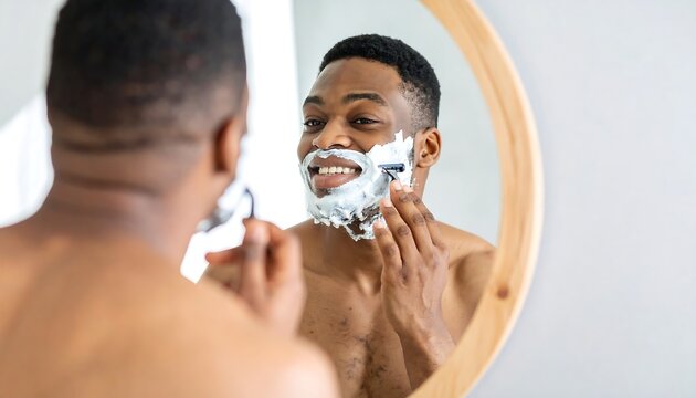 Smiling African American man shaving his beard in front of a round mirror