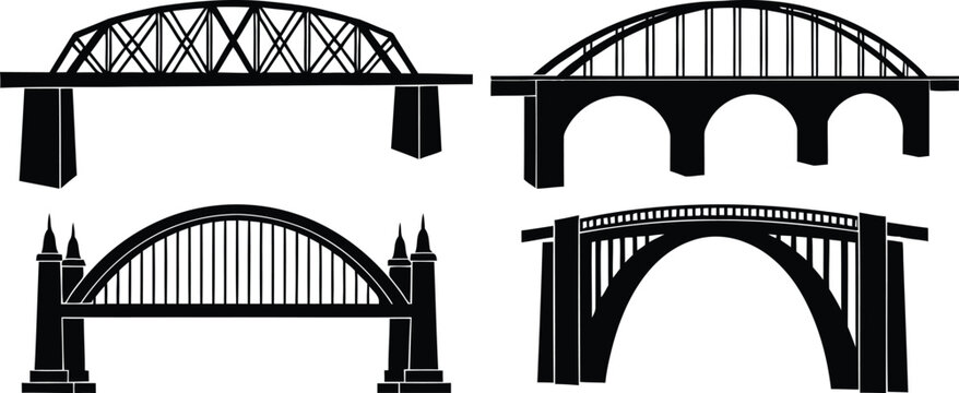 Collection of four distinct black silhouette bridge designs on white background