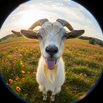 Playful Goat with Tongue Out in a Wildflower Meadow at Sunset