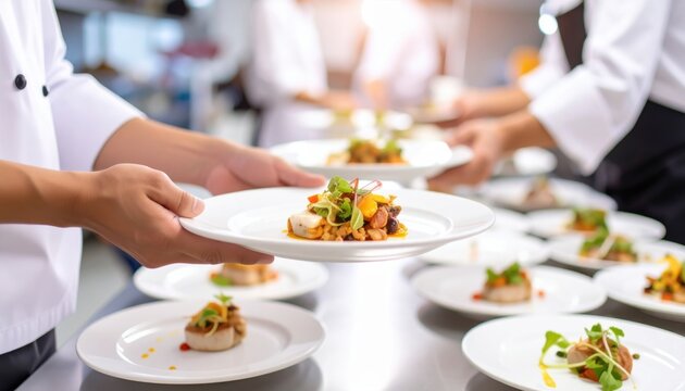 A professional team of chefs in the kitchen presenting a gourmet food plate. This culinary teamwork showcases the cooking and service of a fine dining restaurant.