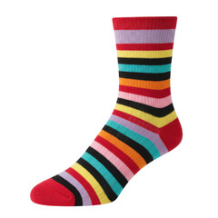 Vibrant multicolored striped sock in close-up view, isolated on white background