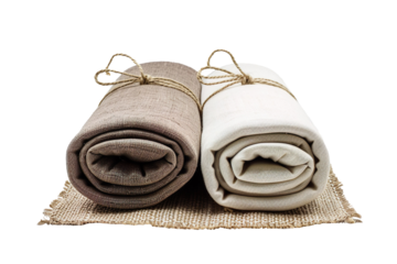 blank Rolled Beige and Brown Yoga Mats Tied with Twine on a transparent background