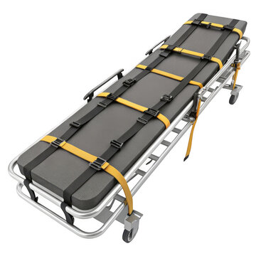 Modern medical emergency stretcher with restraint straps and wheels isolated on transparent background