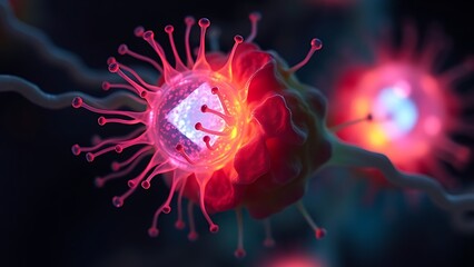 Bioluminescent dual-colored cellular structure pulsating rhythmically, revealing microscopic life energy.