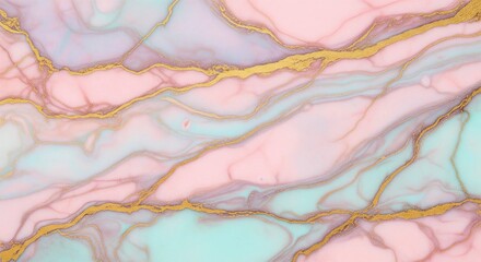 Luxurious pastel marble texture with pink, lavender, and aqua swirls, accented by shimmering gold veins. Smooth, photorealistic, and perfect for elegant backgrounds or premium design projects.