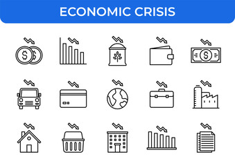 Economic Crisis and Finance Icons Set. Modern thin line vector illustration of pay cuts, layoffs, unemployment, money decrease, low budget, recession, and financial problem outline pictograms isolated