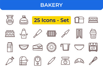 Bakery and Pastry Icons Set. Modern thin line vector illustration of bread, cake, cookies, oven, baking tools, kitchen utensils, food preparation, and dessert outline pictograms isolated