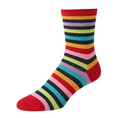Vibrant multicolored striped sock displaying vivid hues, isolated on white background
