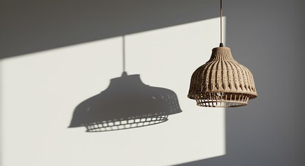 Woven rattan lamp with its shadow hanging on the wall in daylight