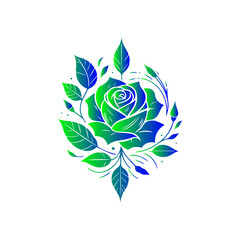 Black Silhouette Rose with Leaves and Buds_green_blue