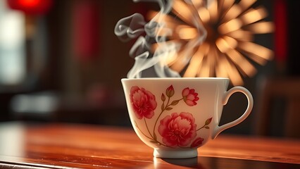 Porcelain teacup with peony motifs, steam rising as bokeh lights mimic festive fireworks.
