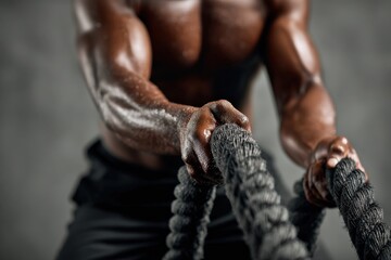 Close up of strong, sweaty hands gripping battle ropes, showcasing determination and effort during an intense indoor workout session