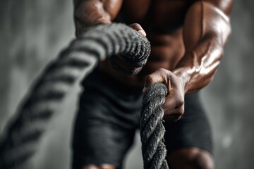 Close up of strong sportsman pulling heavy ropes during functional training session inside modern gym