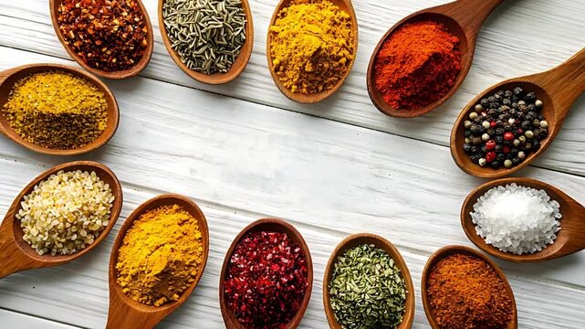 Colorful spices and herbs in wooden spoons forming a frame on a white wooden table, ideal for culinary backgrounds