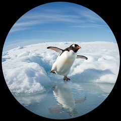 Obraz premium Playful Penguin Balancing on Ice, Antarctic Scene, Blue Sky.