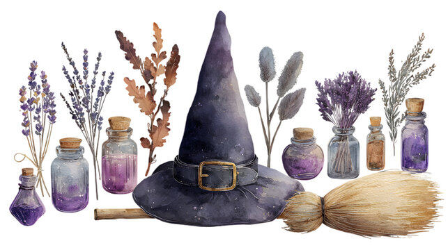 Mystical witch s hat and potion bottles surrounded by dried herbs and flowers isolated on white background isolated on transparent background