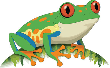 Colorful red-eyed tree frog cartoon on rainforest branch – bright amphibian illustration for nature, wildlife, jungle, or tropical designs