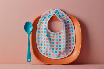 Colorful polka dot baby bib with blue spoon on orange plate polka dots