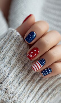 A close-up of a hand displaying nails painted with American flag-themed designs, featuring stars, stripes, and hearts in red, white, and blue.