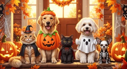Naklejka na ściany i meble A group of pets in Halloween costumes. A golden retriever wears a pumpkin outfit, a white dog is dressed as a ghost, and a black cat is in a witch costume. Pumpkins and autumn leaves are in the backgr