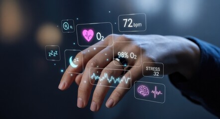 A human hand interacts with digital health monitoring icons displaying heart rate, oxygen levels, and stress metrics. The background is dark and blurred.