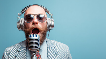 Man with headphones and microphone on a plain background. World Day for Audiovisual Heritage