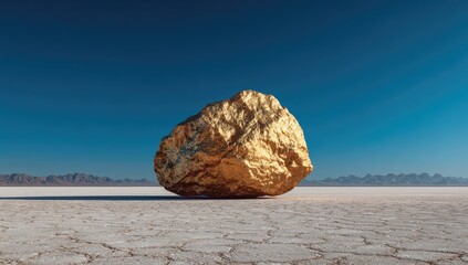 A massive, golden boulder rests on a vast, cracked, white salt flat under a clear blue sky; distant mountains form a hazy backdrop