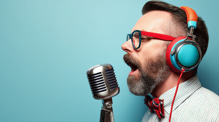 Man with headphones and microphone on a plain background. World Day for Audiovisual Heritage