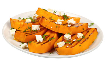  Pumpkin Slices & Feta Cheese on White Plate. White or PNG Transparent Background.