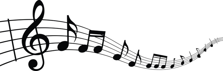 A flowing musical staff with a treble clef and a cascade of black musical notes creating a dynamic and elegant wave on a white background © LailaArtworks