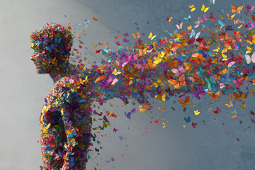 Vibrant surreal digital painting of a human figure dissolving into colorful butterflies, symbolizing transformation, freedom, and mental healing, bright dreamlike colors for mind growth, positivity