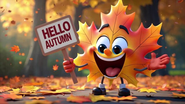 cute funny cartoon leaf with sign hello autumn