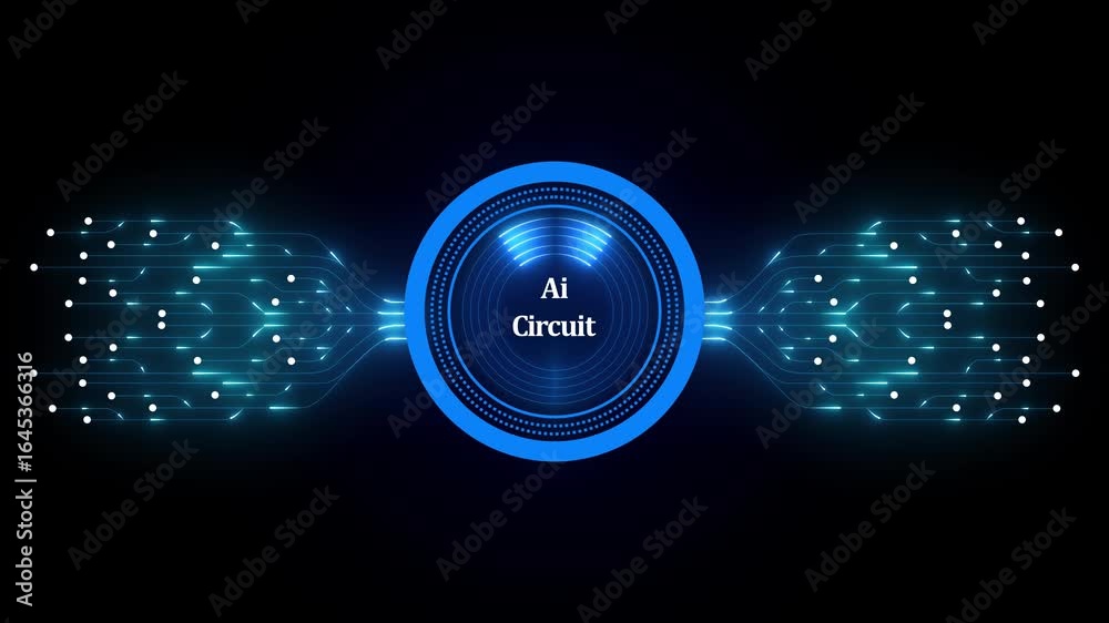 Wall mural glowing neon data technology ai circuit with hud circle and electronic computer elements. biometric 