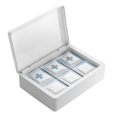 White medical first aid kit box containing multiple packaged bandages with blue cross symbols isolated on transparent background